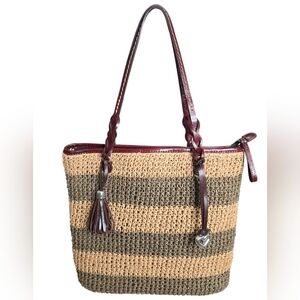 EUC Brighton Woven Tan and Brown Striped Tote